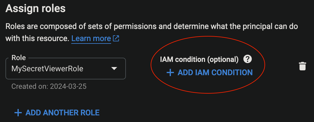 Assign Roles screen in GCP with the "+ADD IAM CONDITION" link circled in red